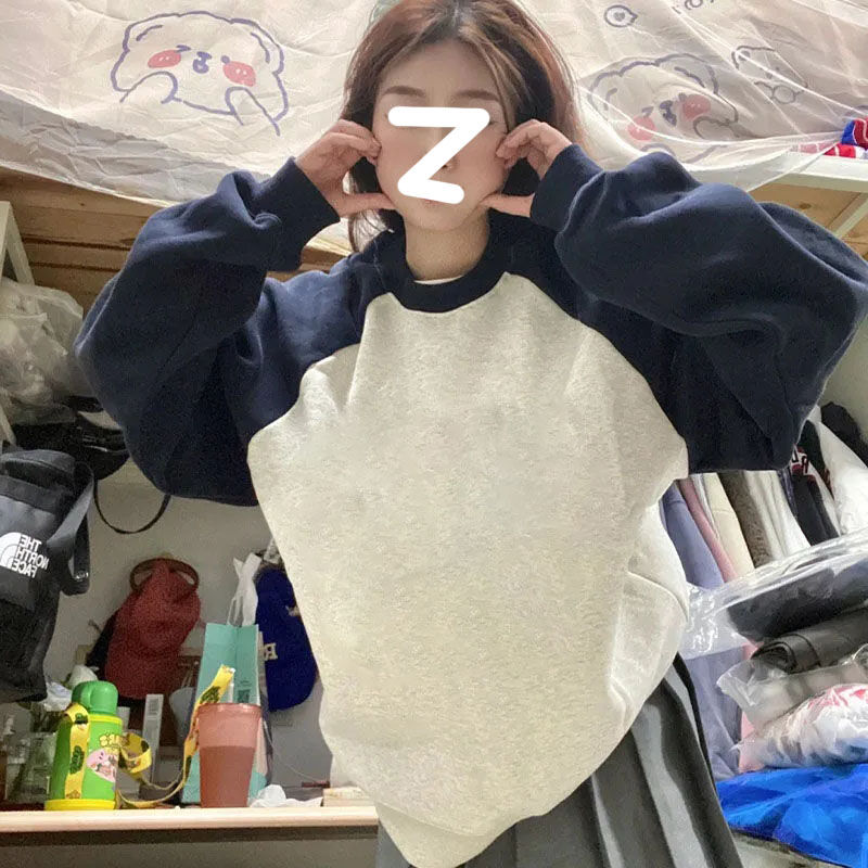 100%重磅純棉休閒時尚套頭衛衣女2023春秋薄款寬鬆小眾長袖外套潮