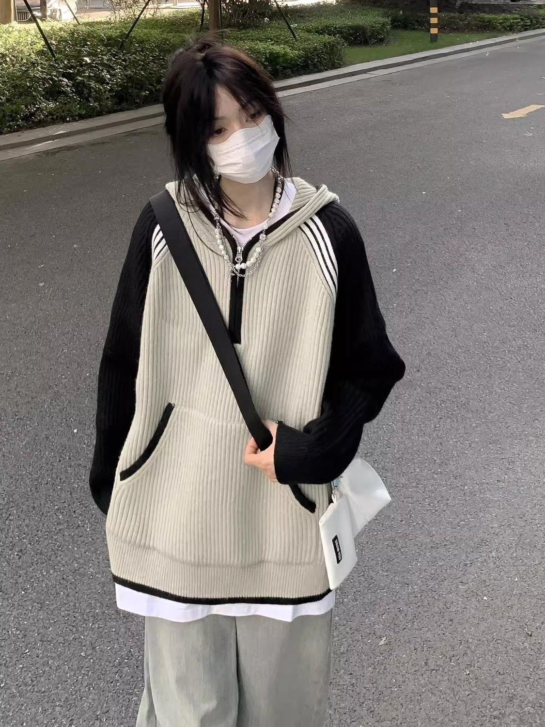 美式毛衣外套女秋冬寬鬆國潮插肩袖連帽撞色日系慵懶風針織衫上衣
