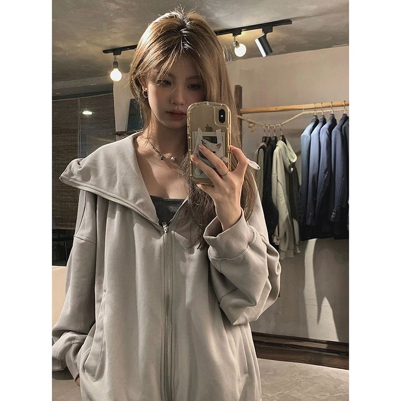 100%重磅純棉辣妹連帽開衫衛衣女寬鬆oversize2023春秋薄款外套潮