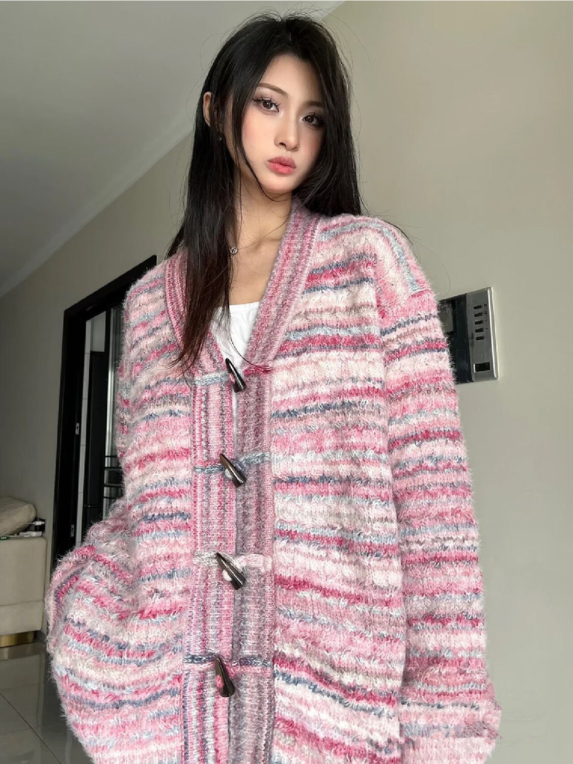 2023潮牌彩色開衫秋毛衣女復古牛角扣小眾設計感慵懶風針織衫外套