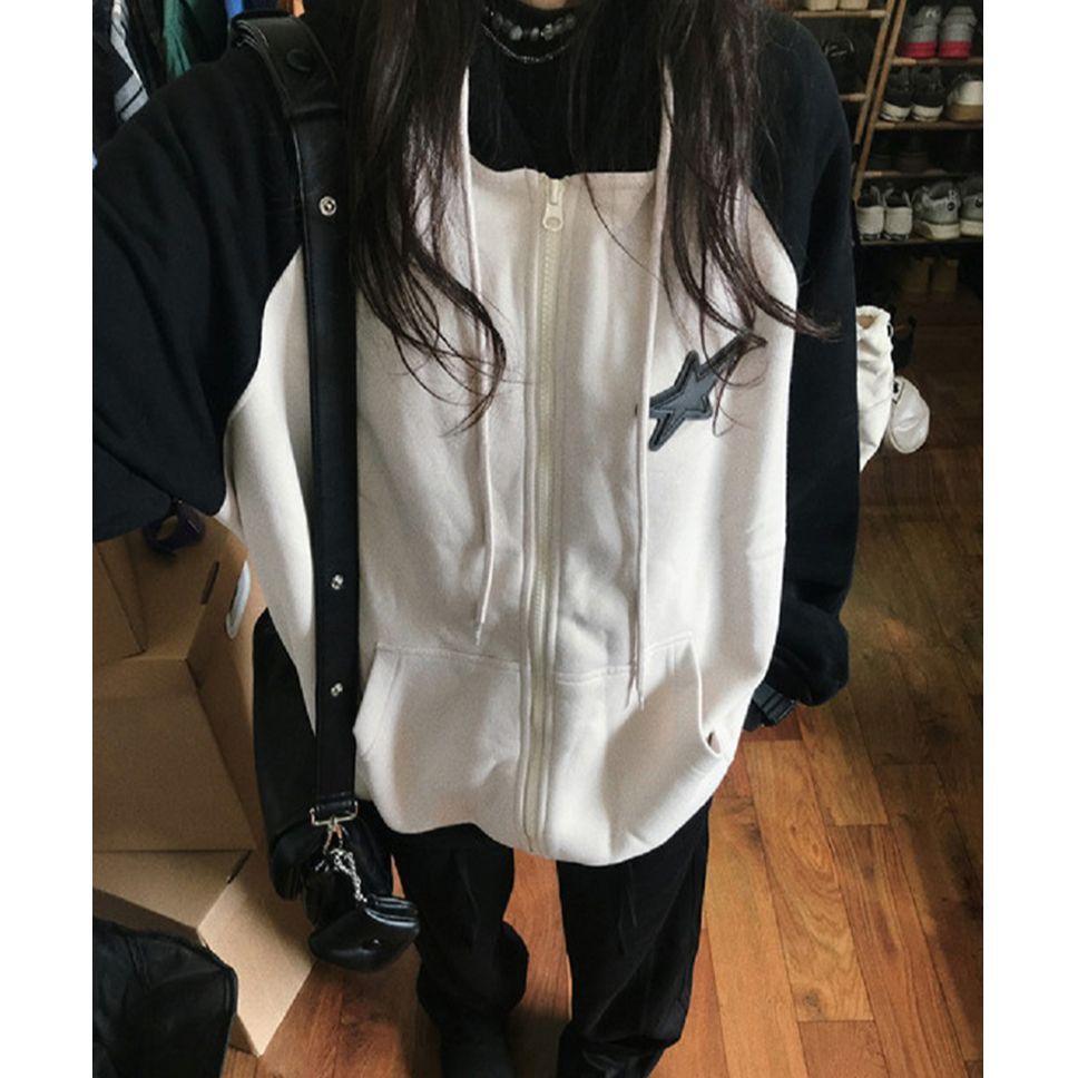 100% heavyweight cotton color block raglan cardigan jacket for women 2023 spring and autumn thin niche bf loose hooded sweatshirt