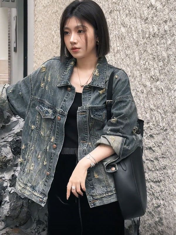 Hong Kong style retro chic blue denim jacket for women spring and autumn retro high street ripped blue unique jacket top