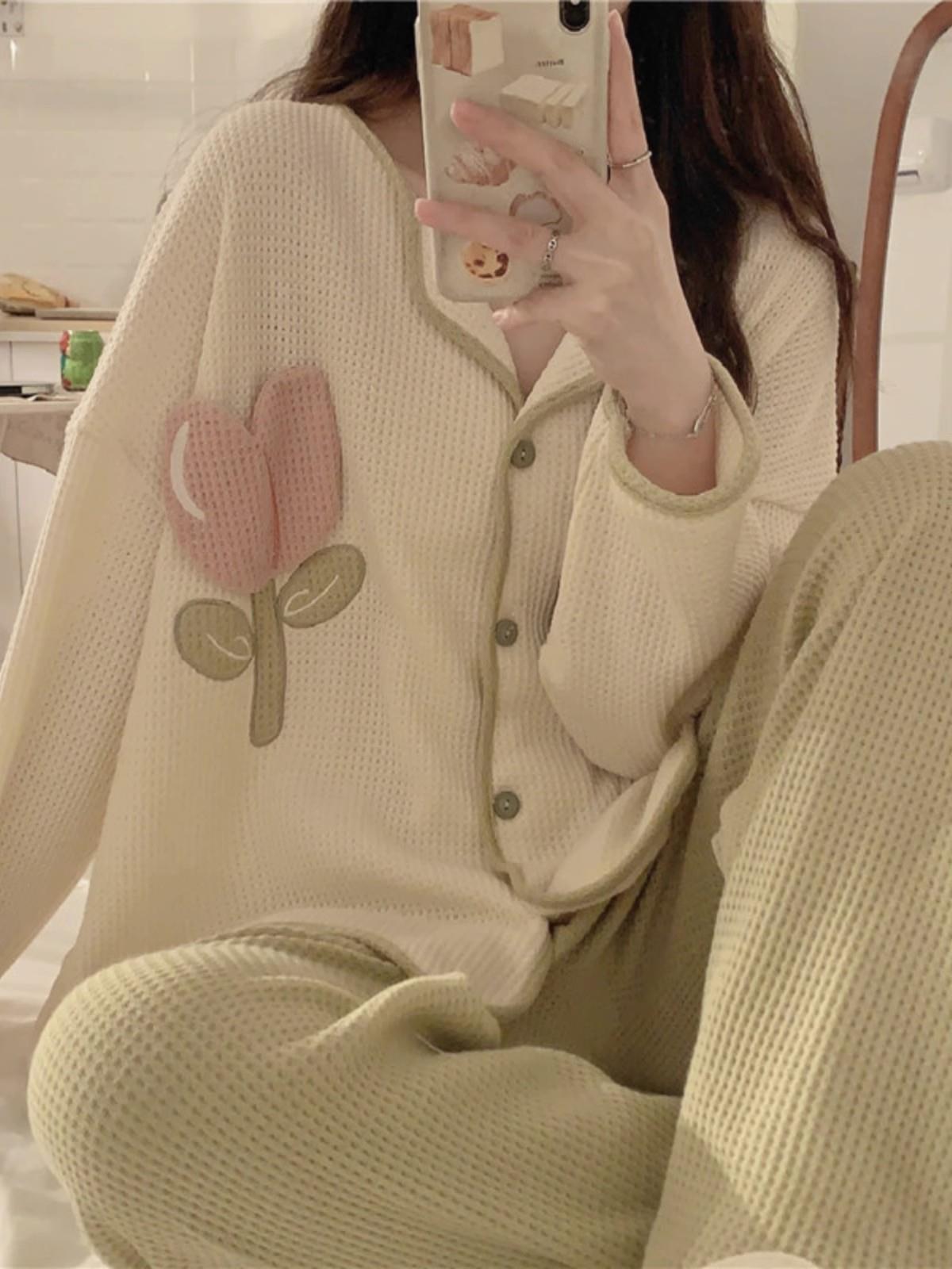 華夫格睡衣女春秋款長袖開衫高級感鬱金香2023新款家居服兩件套裝