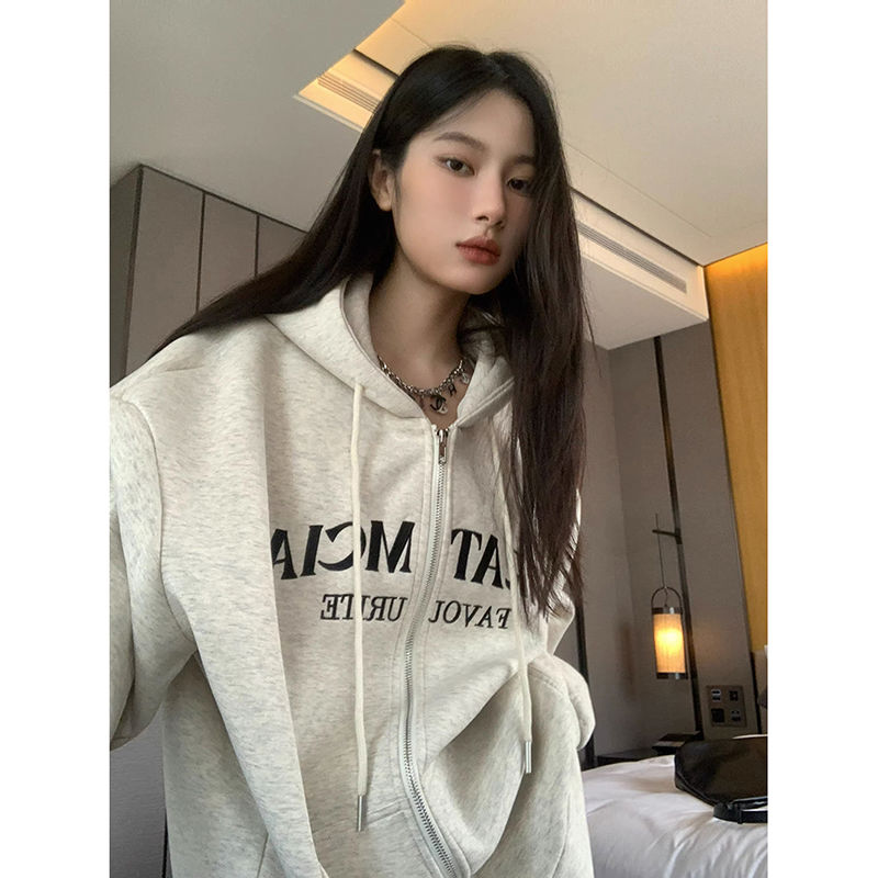 100%重磅純棉寬鬆字母刺繡休閒運動開衫衛衣女2023春秋薄款外套潮
