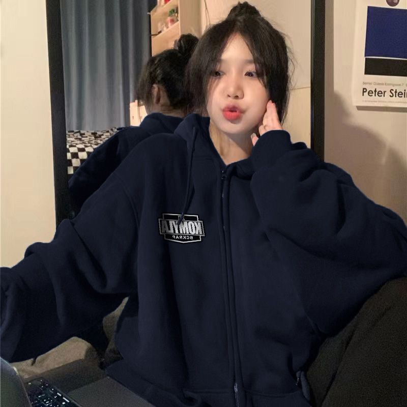 100%重磅純棉美式復古開衫衛衣女2023春秋薄款設計感小眾連帽外套