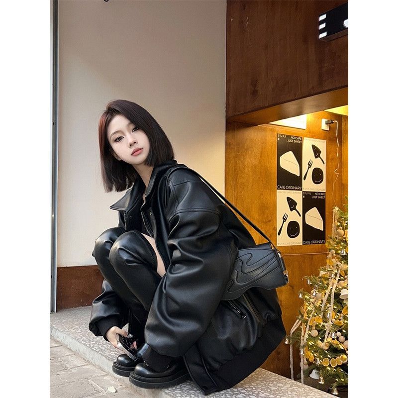 Spring and Autumn Student Pu Leather Black Leather Jacket Women's American Retro High-Level Slim Motorcycle Top Ins Trend