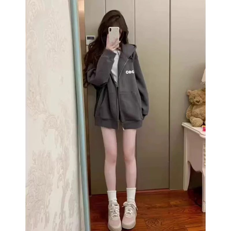100%重磅純棉拉鏈開衫衛衣女2023春秋薄款oversize寬鬆bf外套連帽