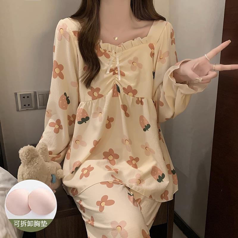 甜美少女田園風睡衣女春秋款長袖帶胸墊甜美公主風家居服套裝外穿
