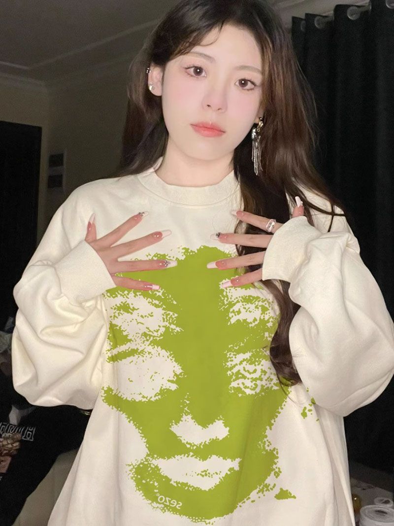 100%重磅純棉美式復古圓領衛衣女寬鬆小眾ins潮2023春秋薄款上衣