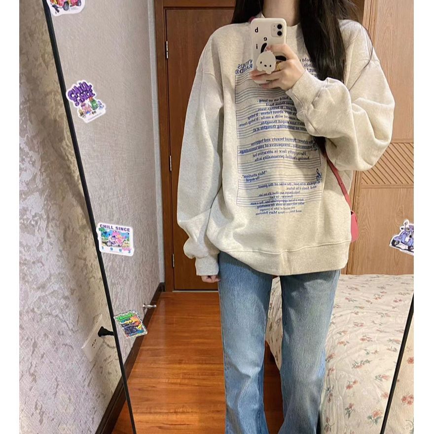 100%重磅純棉小眾潮牌美式復古衛衣女2023春秋薄款圓領長袖上衣服
