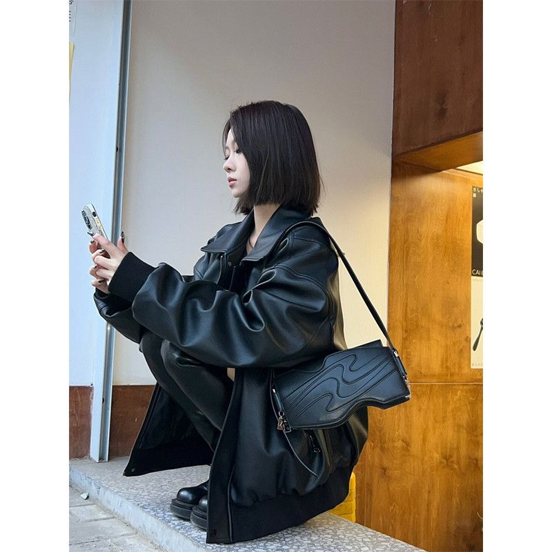 Spring and Autumn Student Pu Leather Black Leather Jacket Women's American Retro High-Level Slim Motorcycle Top Ins Trend