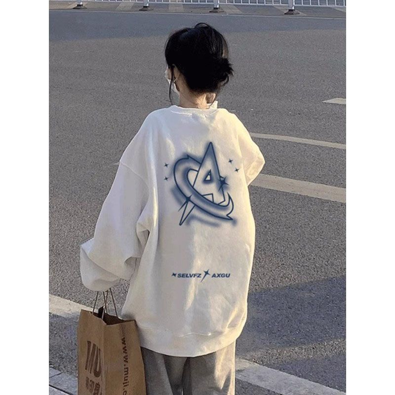 100%重磅純棉美式復古白色無帽衛衣女2023春秋薄款百搭中長款上衣