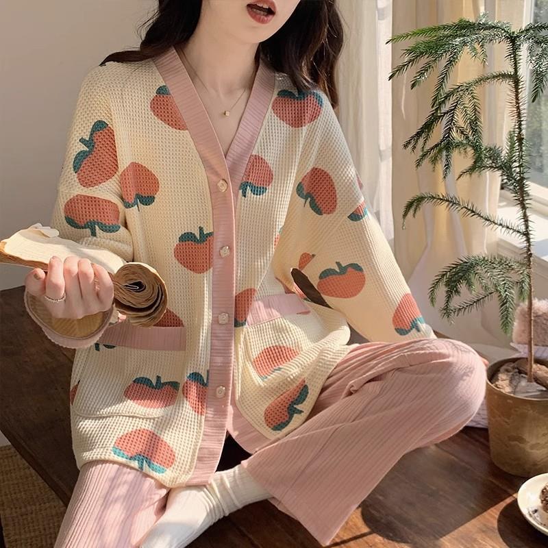 華夫格睡衣女春秋款長袖水蜜桃可愛網紅可外穿寬鬆開衫套裝家居服