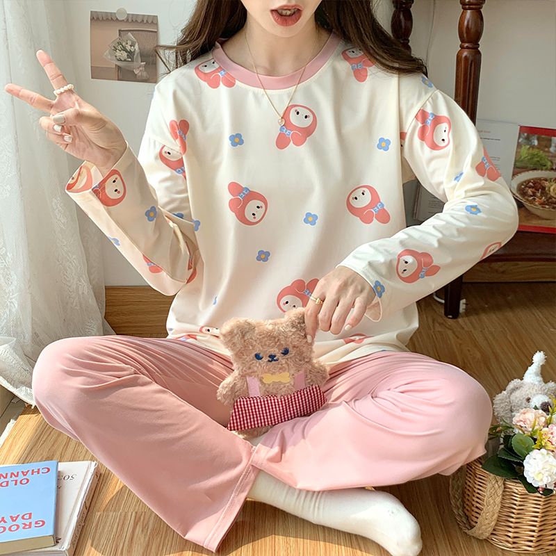 新款可愛睡衣女春秋季薄款套裝2023新款拉架圓領印花休閒家居服