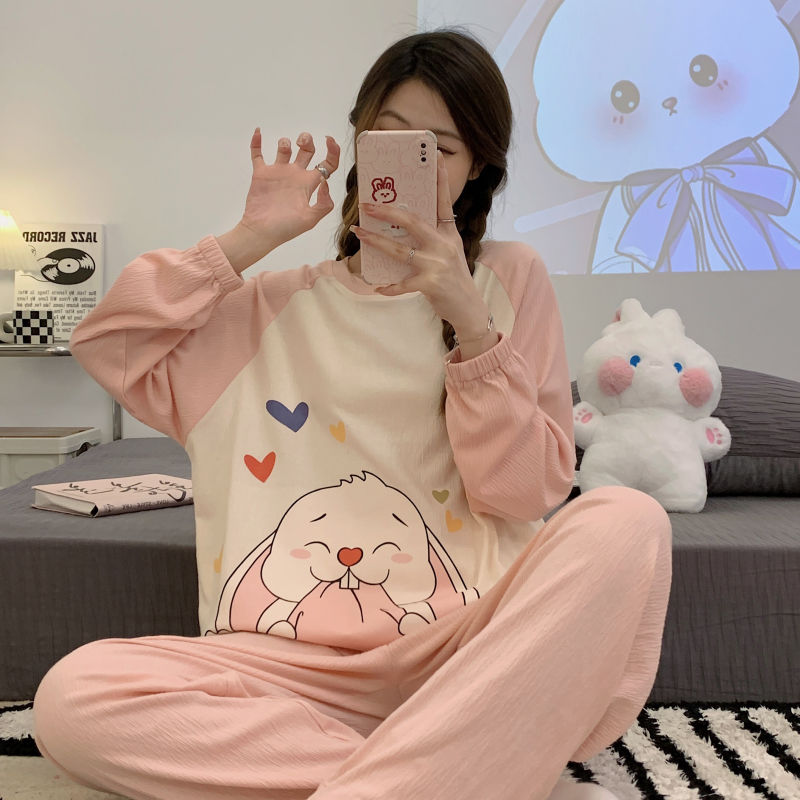 睡衣女2023春秋季新款套裝皺布可外穿加肥220斤大碼胖M卡通家居服