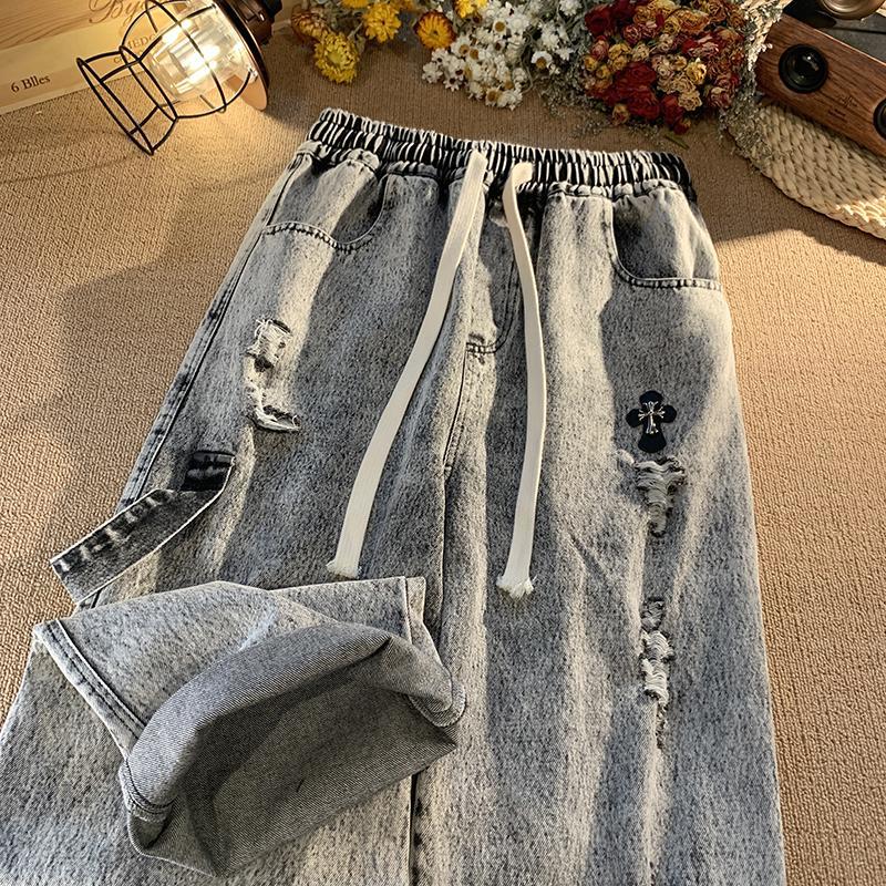 Elastic waist ripped jeans for men spring and autumn loose straight American wide leg pants ins high street trendy brand retro pants