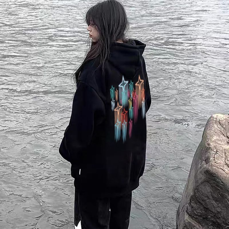 100%重磅純棉連帽套頭流星星衛衣女潮牌2023春秋薄款百搭寬鬆外套