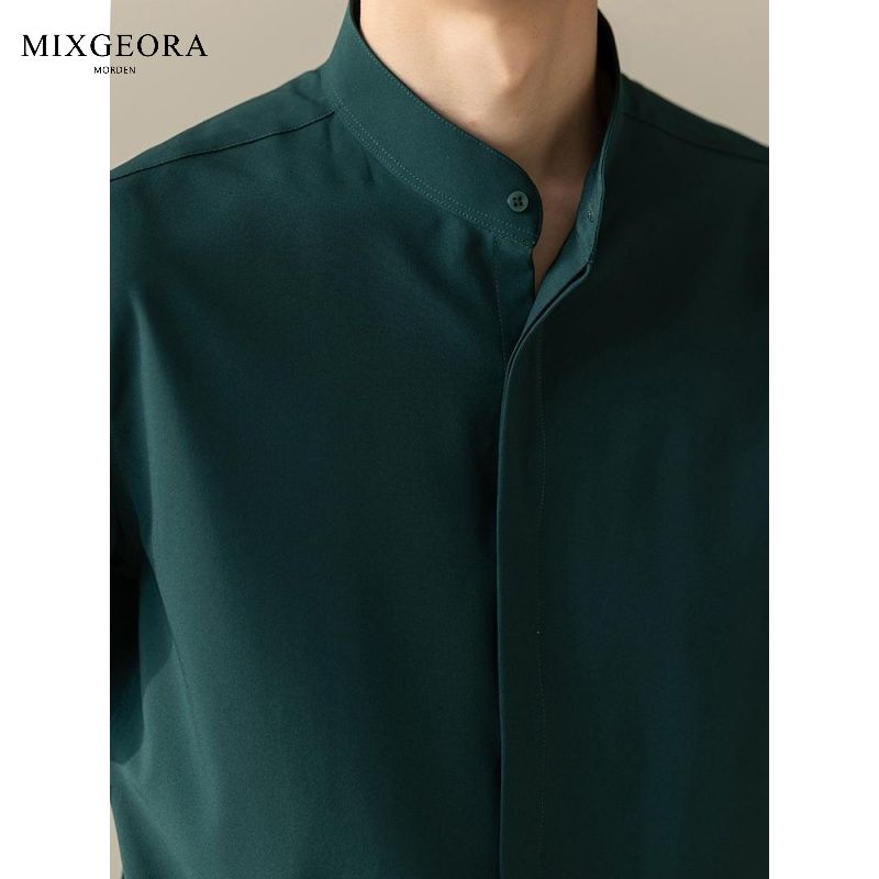 MIX GEORA spring and autumn new Chinese style long-sleeved shirt men's non-iron drape stand collar light mature style casual shirt