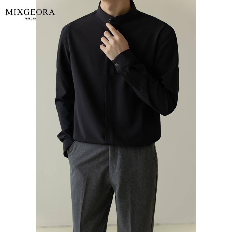 MIX GEORA spring and autumn new Chinese style long-sleeved shirt men's non-iron drape stand collar light mature style casual shirt