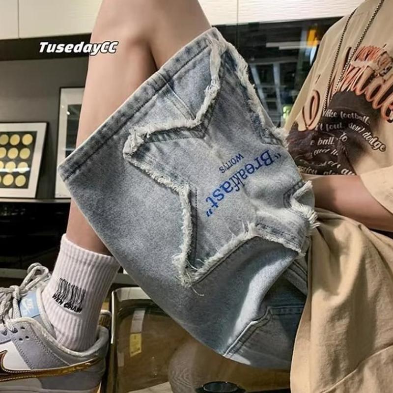 Denim shorts for women, loose and versatile, summer American high street niche design, irregular star five-point wide-leg pants