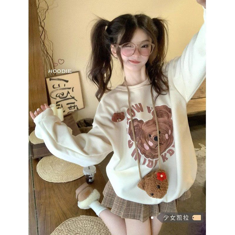 100%重磅純棉小熊印花衛衣女2023春秋薄款慵懶風圓領休閒寬鬆上衣