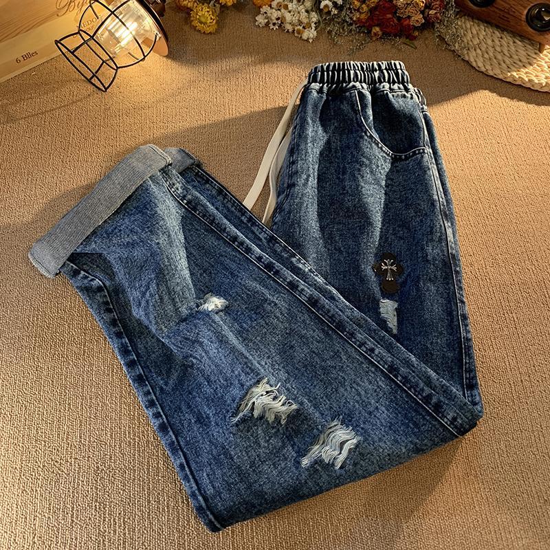 Elastic waist ripped jeans for men spring and autumn loose straight American wide leg pants ins high street trendy brand retro pants