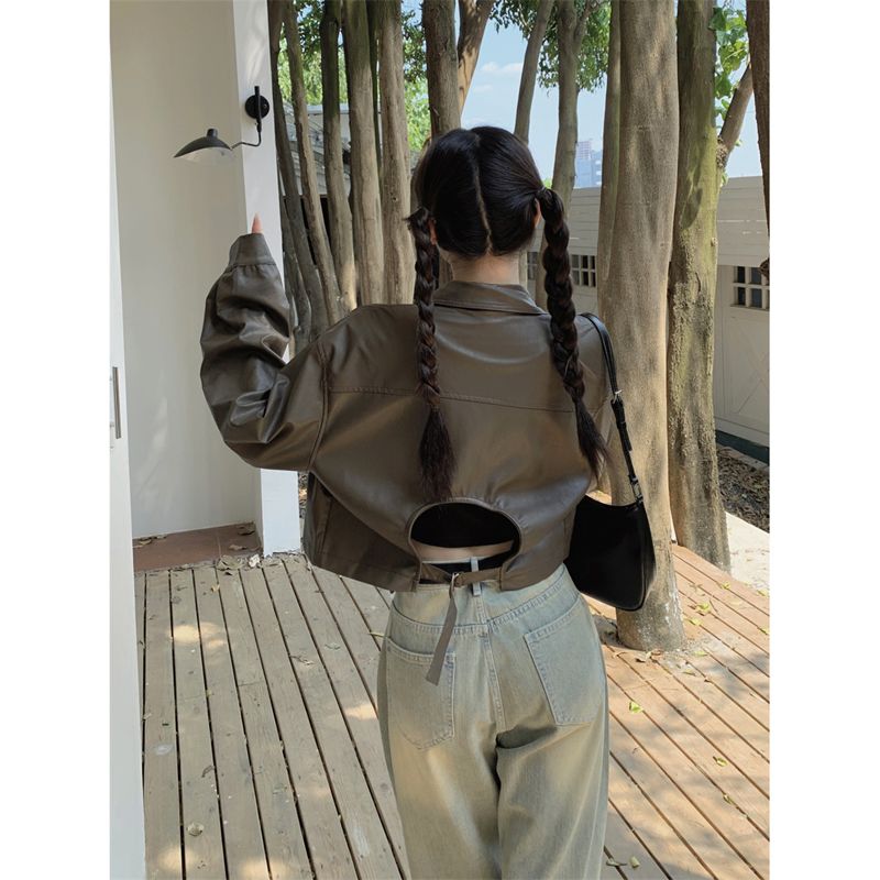 Short leather jacket women's autumn Korean version 2023 new backless design loose long-sleeved jacket motorcycle wear trend