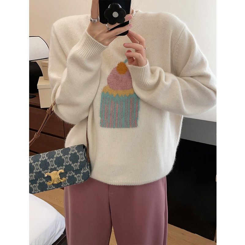 奶呼呼軟糯套頭毛衣女春秋內搭設計感上衣溫柔顯瘦圓領打底針織衫