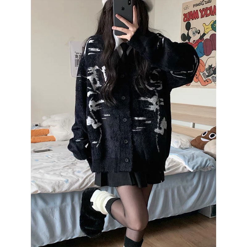 美式復古仿貂毛提花毛衣外套女秋冬季設計感慵懶寬鬆v領針織開衫