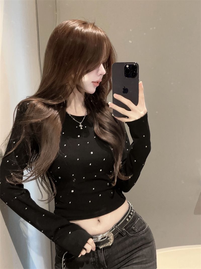 洋氣燙鑽設計感小眾圓領長袖T恤修身辣妹短款上衣女2023秋季新款