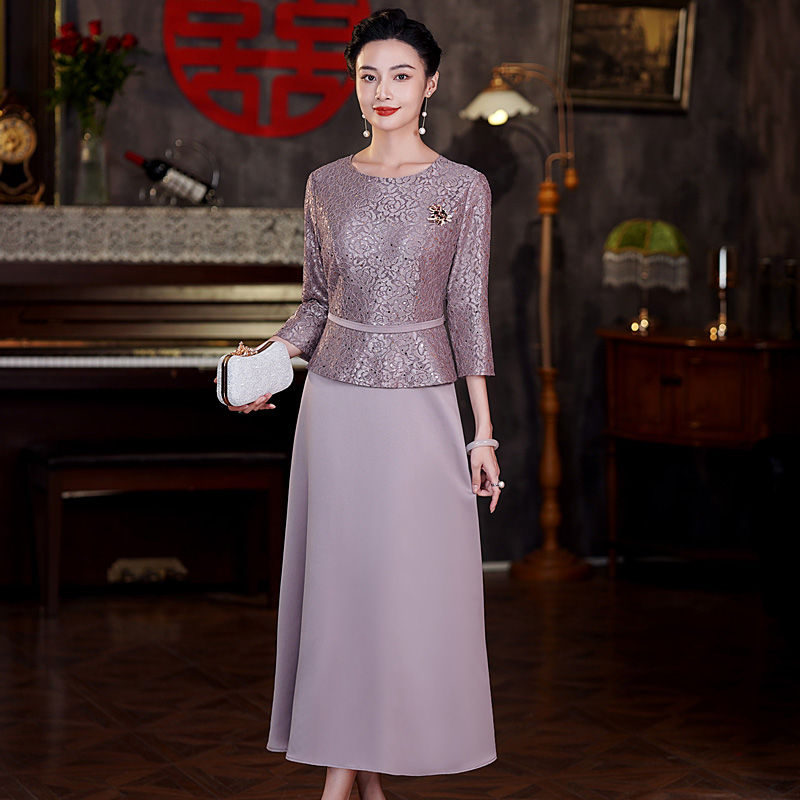 新中式蕾丝旗袍年轻款高端气质妈妈婚宴礼服假两件春秋装平时可穿