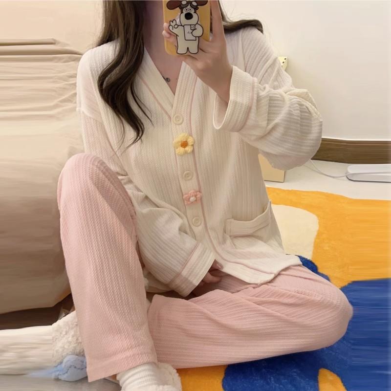 粉色花朵睡衣女秋冬季長袖甜美可愛薄款棉寬鬆學生秋天家居服套裝