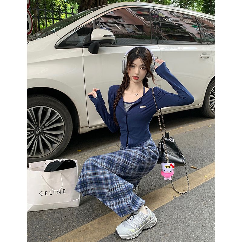 假兩件掛脖設計感純欲長袖上衣格子半身長裙女秋季2023新款兩件套