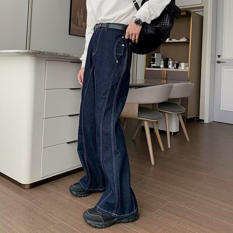 Dark blue retro jeans for men ins Korean style autumn and winter loose Hong Kong style versatile trendy micro-flared floor-length trousers