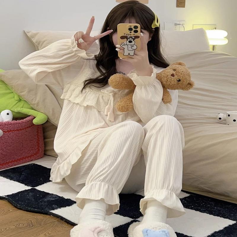睡衣女春秋季薄款長袖套裝秋天日系甜美可愛花邊公主風學生家居服