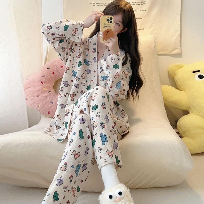 日系和服睡衣女長袖春秋季薄款泡泡棉甜美可愛卡通少女套裝家居服