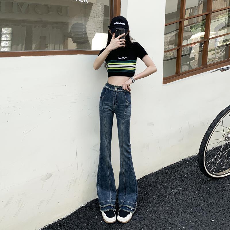 高腰毛邊復古藍港風喇叭褲女2023年春季新款顯瘦百搭微喇牛仔褲子