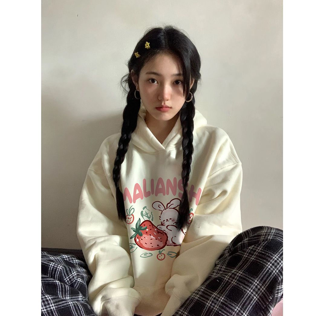 100%重磅純棉美式復古hipho草莓兔子連帽衛衣女2023春秋薄款外套