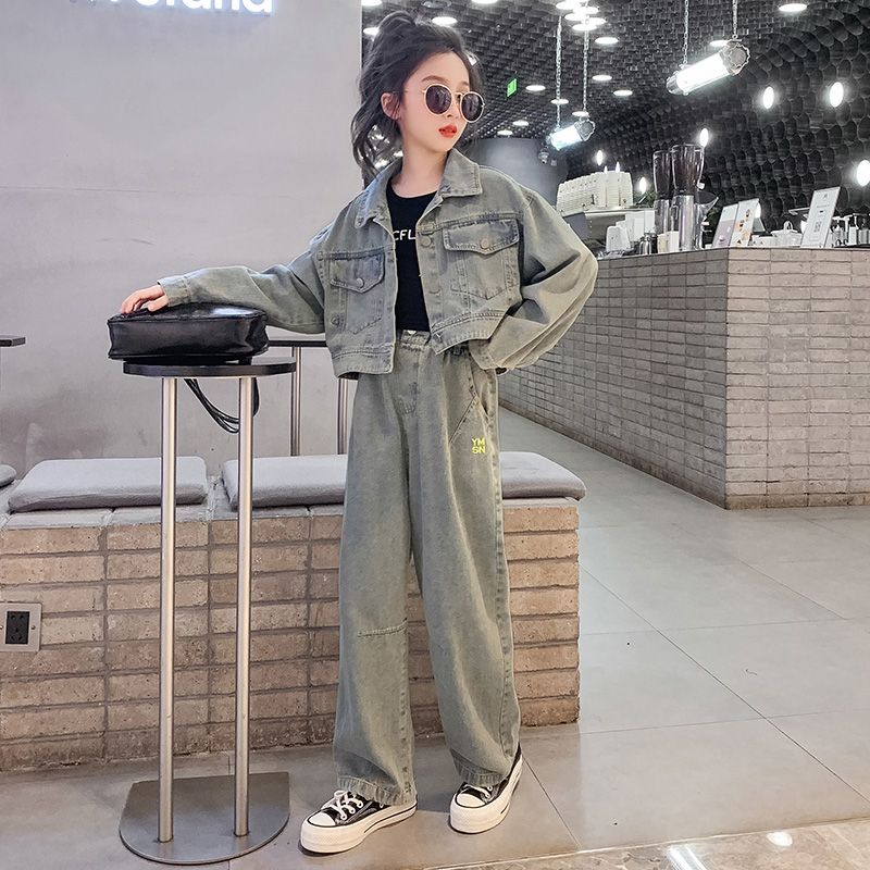 Girls Suits Autumn Clothes  New Children's Style Korean Version Spring and Autumn Middle and Older Children's Internet Celebrities Fashionable Denim Two-piece Set