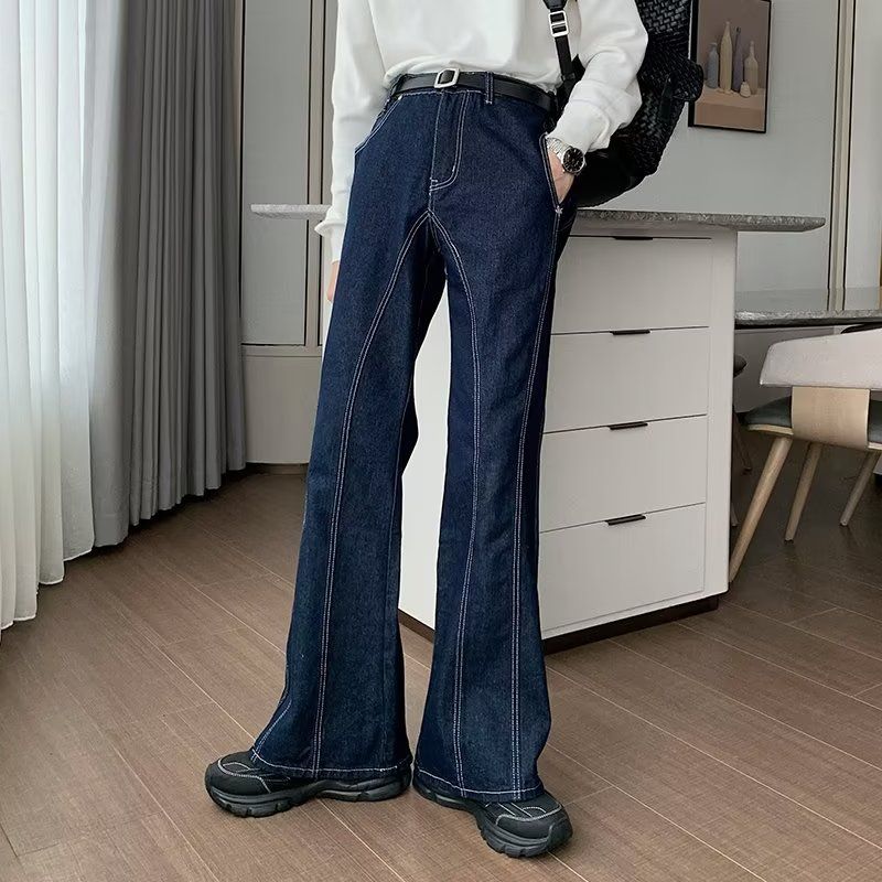 Dark blue retro jeans for men ins Korean style autumn and winter loose Hong Kong style versatile trendy micro-flared floor-length trousers