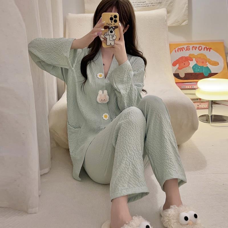 甜美可愛兔子睡衣女長袖春秋季薄款和服款綁帶學生少女家居服套裝