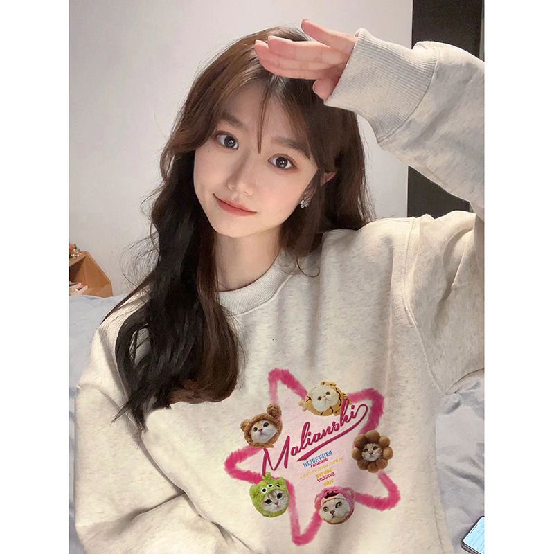 100%重磅純棉花灰色衛衣女2023春秋薄款小眾oversize圓領長袖上衣