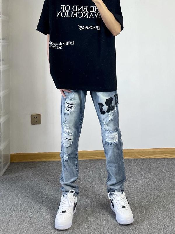 AMlri貼標破洞牛仔褲男夏季高街歐美網紅顯瘦學生寬鬆水洗小腳褲