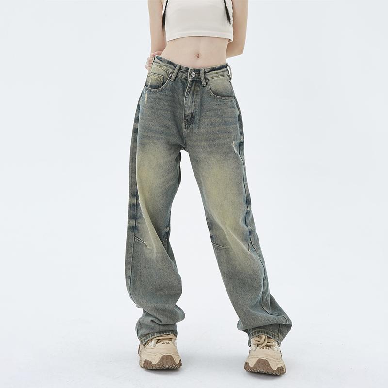 Retro washed yellow mud dyed jeans American high street vibe distressed hip hop straight pants for men and women
