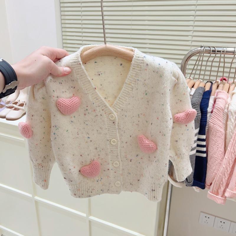 2023新款女童愛心毛衣開衫1歲寶寶洋氣V領針織外套嬰幼兒線衣秋冬