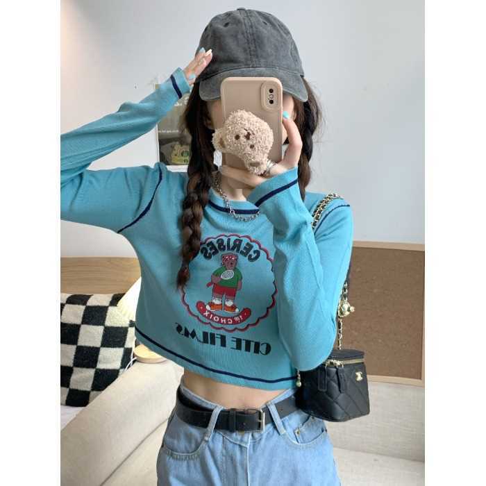 Short contrast color long-sleeved T-shirt for women autumn 2023 new design American retro slim slim round neck top