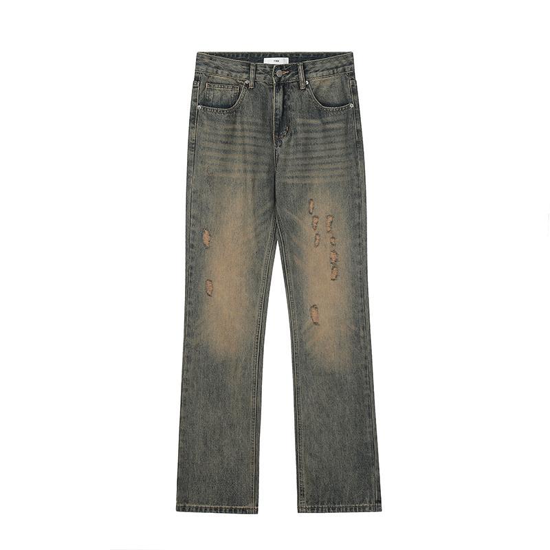 American retro yellow mud-dyed ripped jeans for men, straight slim, high street slim fit, floor-length pants