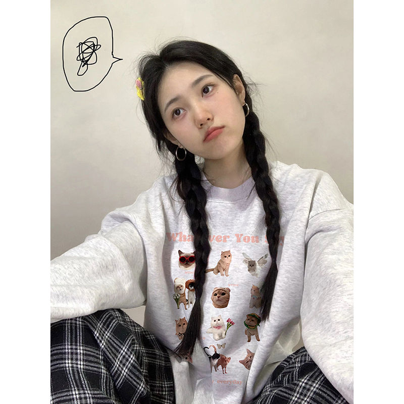 100%重磅純棉貓咪印花衛衣女中長款寬鬆oversize2023春秋薄款上衣