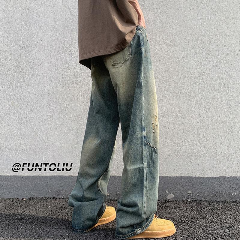 Washed distressed jeans men's summer American retro loose wide-legged straight-leg floor-length trousers, handsome street trousers