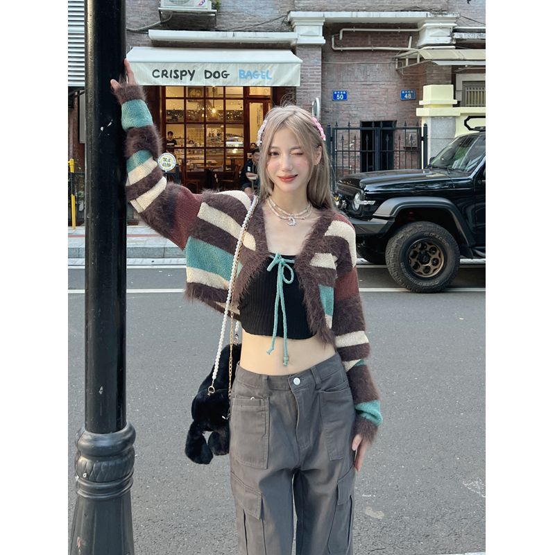 新款撞色辣妹毛衣外套女長袖開衫薄款春秋短款寬鬆條紋針織衫